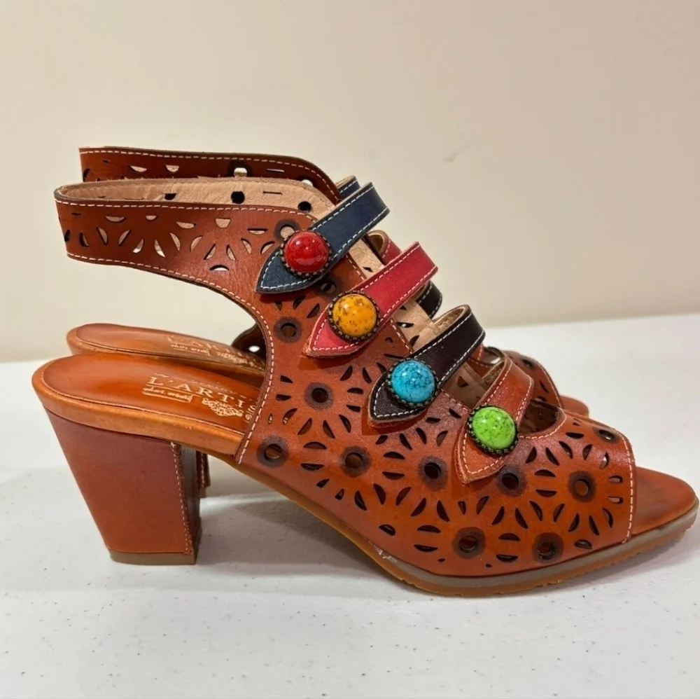 Spring Step L'Artiste sz 41 block heel leather sandals colorful buttons sz 10